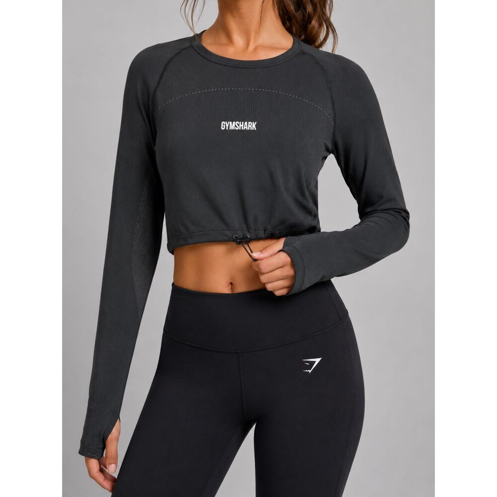 Gymshark Women’s Dark Green Seamless Long Sleeve Crop Top Workout Thumbholes